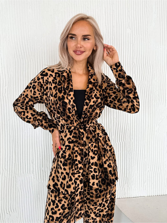 women wear a Sexy Leopard Print Cardigan Pajama Set Long Sleeve Robe