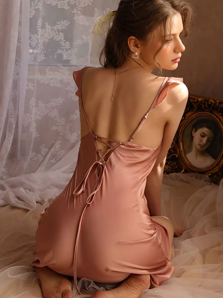 Sexy Ice Silk Night gowns Nightgown Set Pink color back