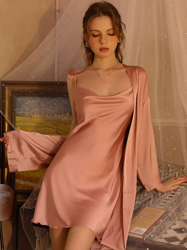 Sexy Ice Silk Night gowns Nightgown Set pink color robe 