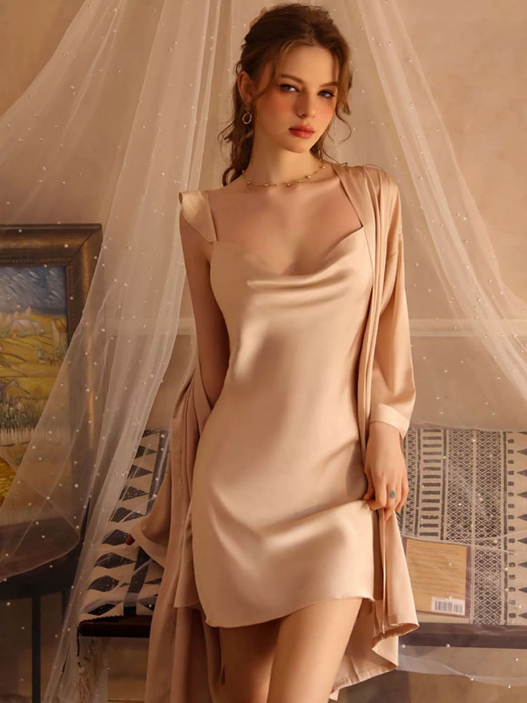Sexy Ice Silk Night gowns Nightgown Set champagne color robe