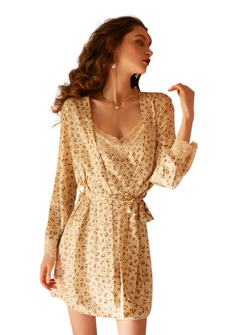 Sexy Leopard Print Sleepwear Silk Nightgown yellow color robe with white background