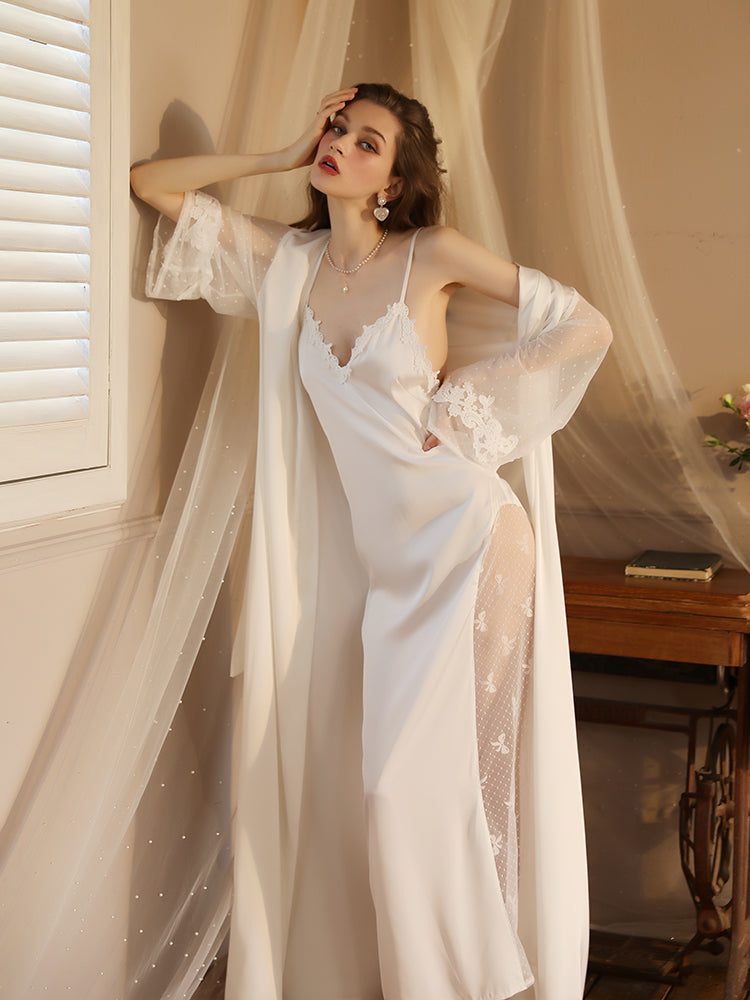 Summer Long Lace Sexy nightgown with Slip Dress white color front look