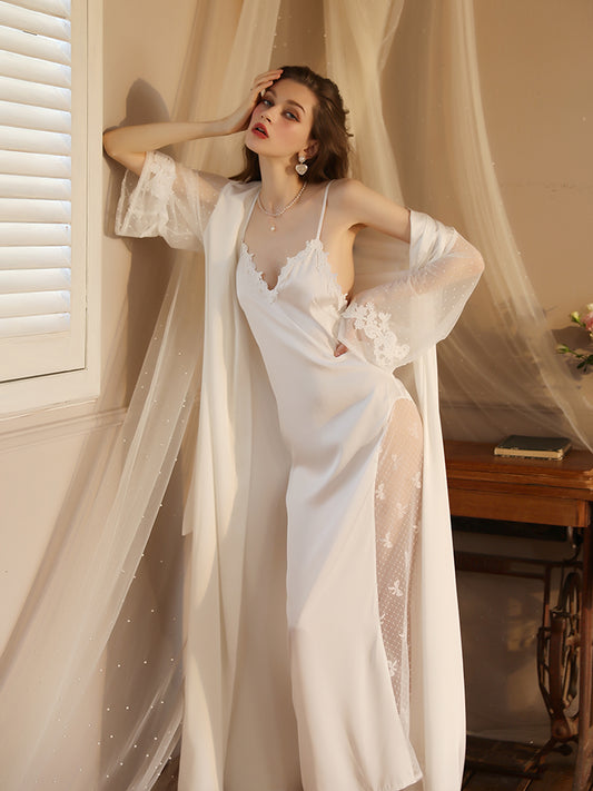 Summer Long Lace Sexy nightgown with Slip Dress white color front look