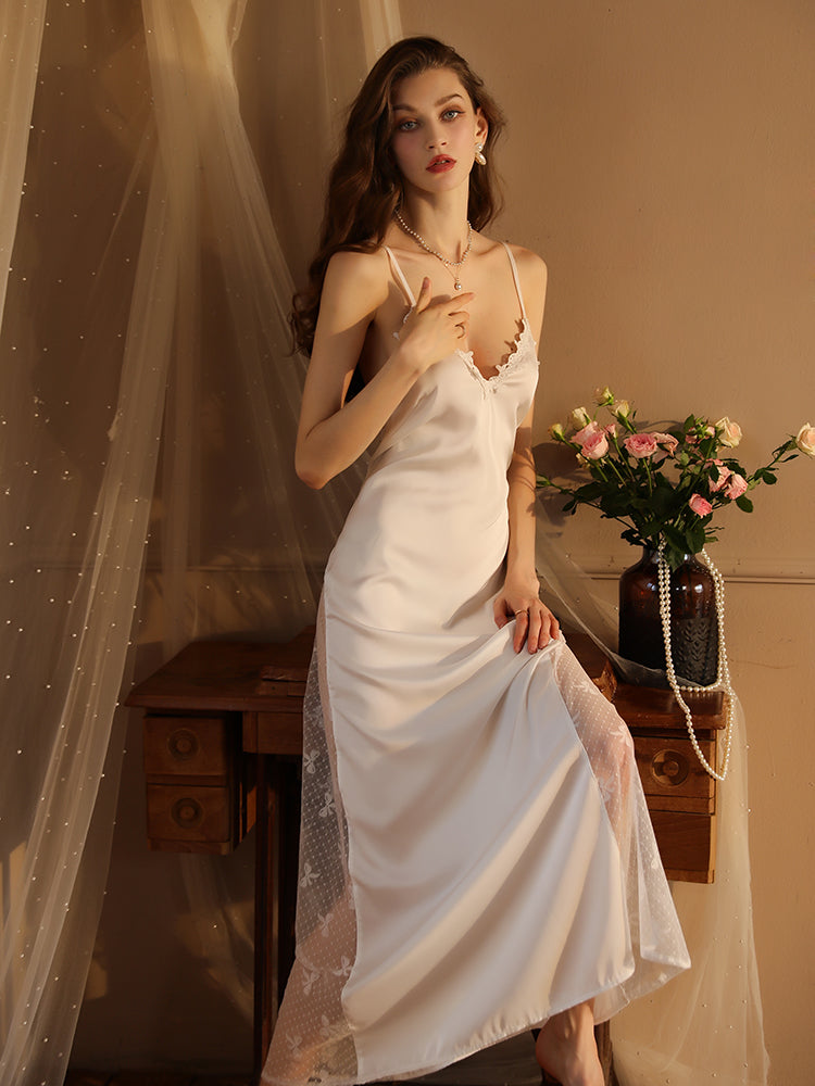 Summer Long Lace Sexy Nightgown with Slip Dress white color women sleepwear front look nightwear