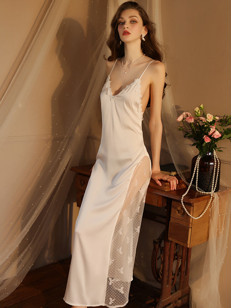 Summer Long Lace Sexy Pajamas white color sleepwear