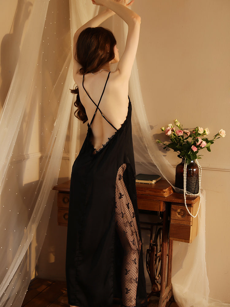 Summer Long Lace Sexy nightgown black color sleepwear back look