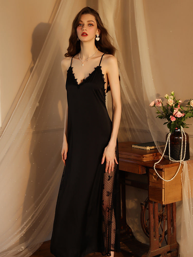 Summer Long Lace Sexy nightgown black color women sleepwear
