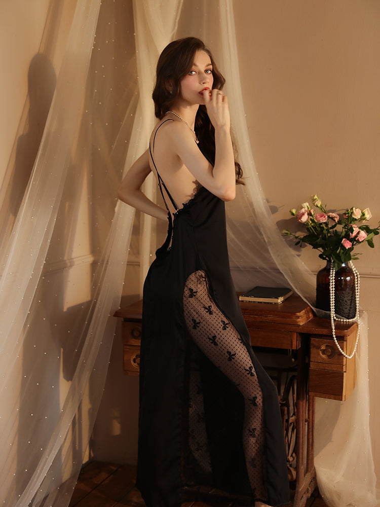Summer Long Lace Sexy nightgown black color women sleepwear side look