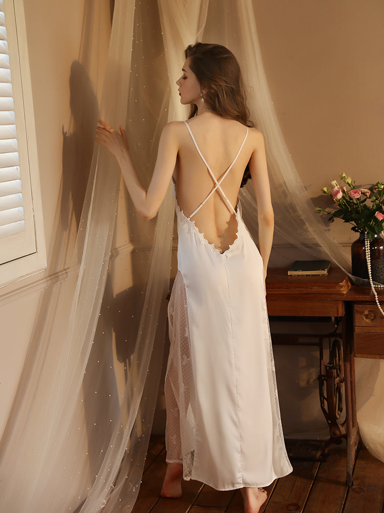 Summer Long Lace Sexy nightgown white color sleepwear back look