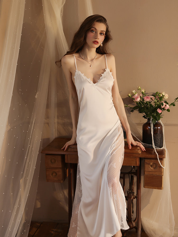 Summer Long Lace Sexy nightgown white color sleepwear front color