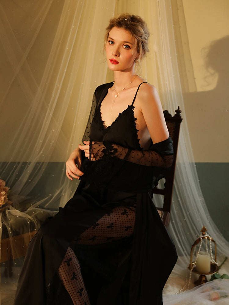 Summer Long Lace Sexy nightgown with Slip Dress black color front look