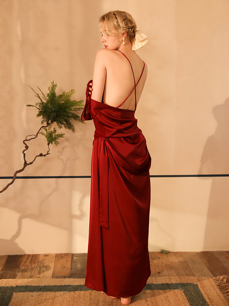 Summer Long Lace Sexy nightgown with Slip Dress red color back look