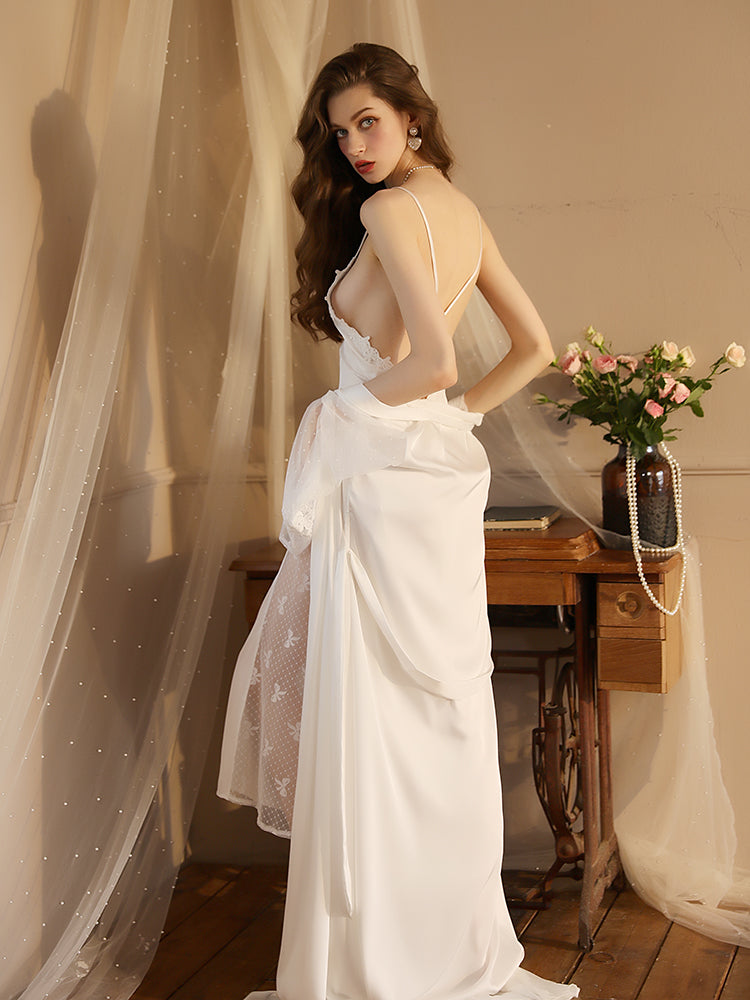 Summer Long Lace Sexy nightgown with Slip Dress white color back look