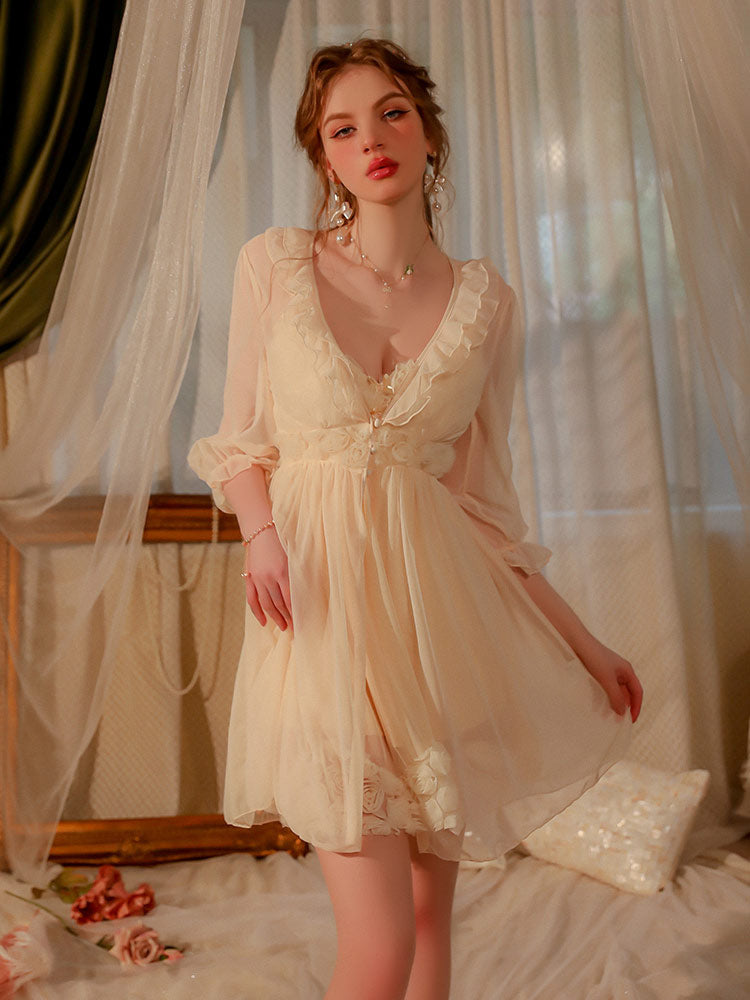 apricot color sexy nightgown robe set for women 