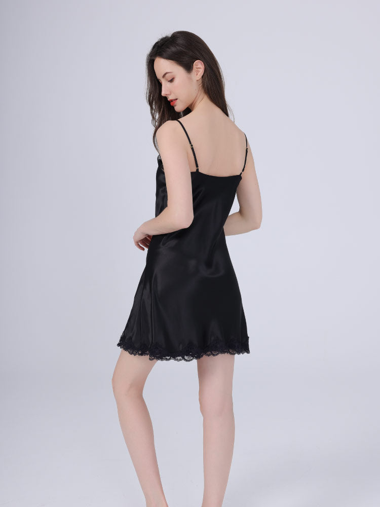 black color 100% Mulberry Silk Camisole Sensual Lace Nightgown