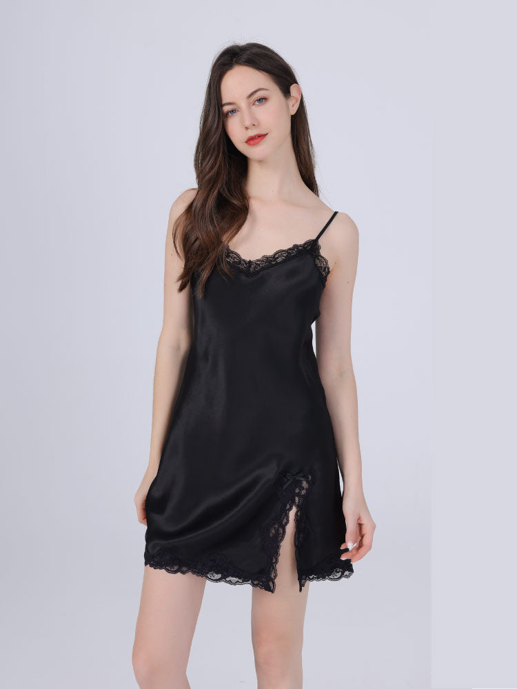 black color 100% Mulberry Silk Camisole Sensual Lace Nightgown