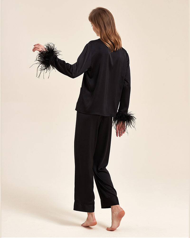 black color Autumn Detachable Ostrich Feather Ice Silk Pajama back