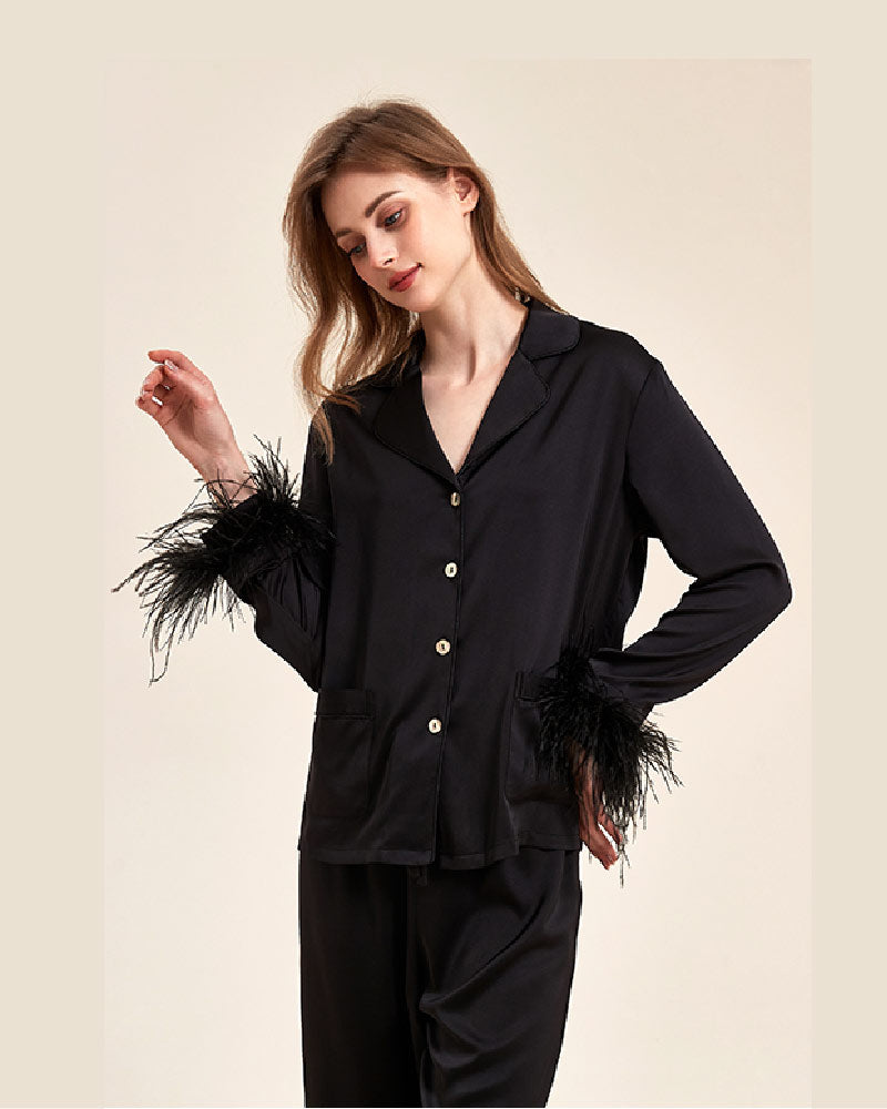 black color Autumn Detachable Ostrich Feather Ice Silk Pajama look
