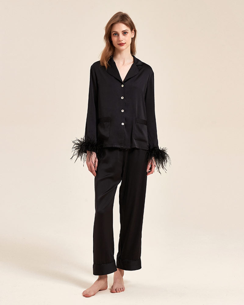 black color Autumn Detachable Ostrich Feather Ice Silk Pajama