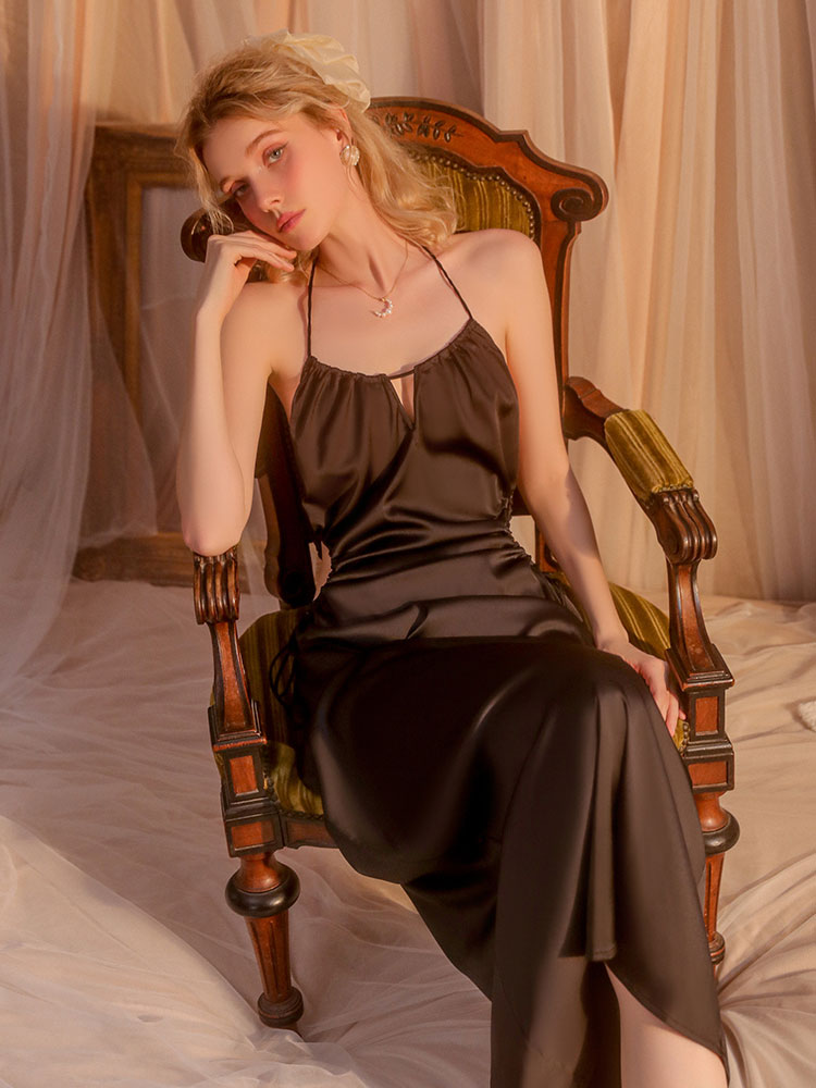 black color Long Ice Silk Backless Halter Camisole Nightgown