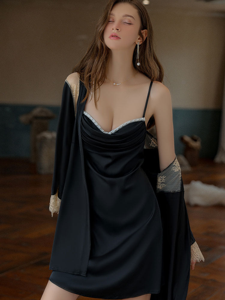 black color Luxurious Sensual Plunging Neckline Camisole Nightgown