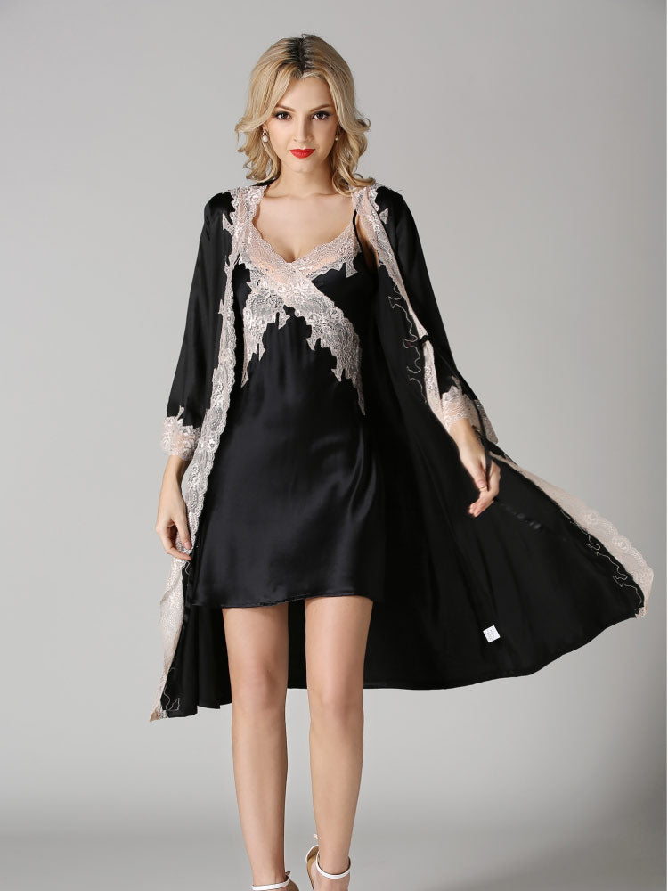 black color Real Silk Camisole Sensual Lace Sleepwear Robe Set