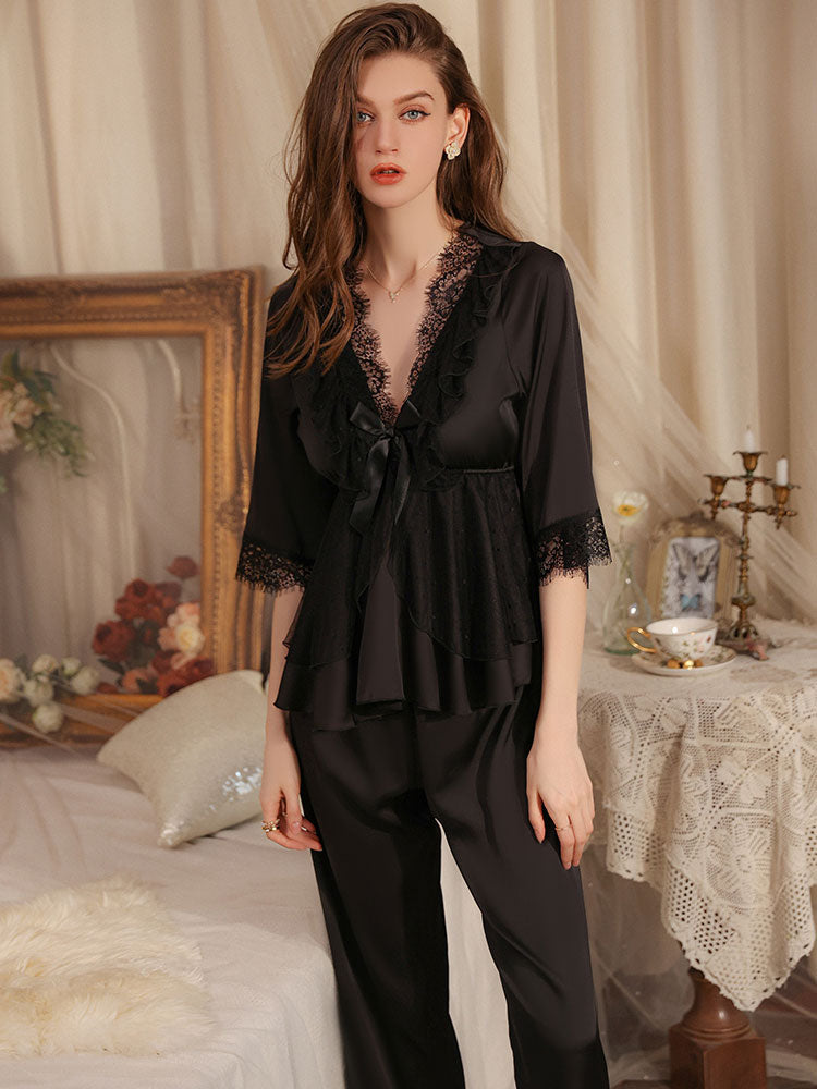 black color Satin Lace Deep-V Home Loungewear Set