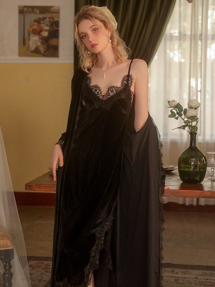 black color Sensual Lace Sheer Temptation Nightgown robe