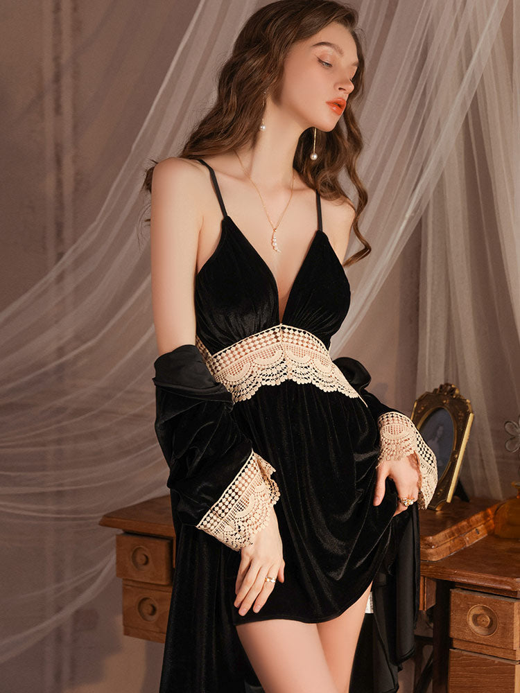 black color Sensual Padded Bust Embroidered Lace Nightgown Robe set