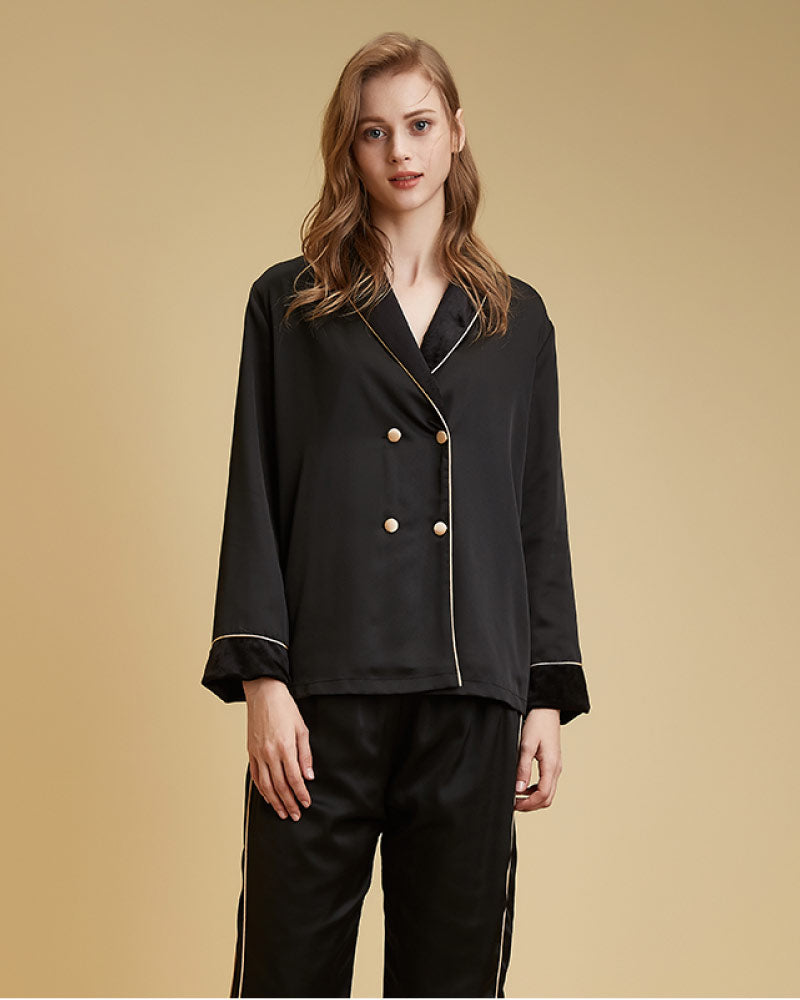 black color Luxury French-Style Double-Row Buttons Velvet Pajama