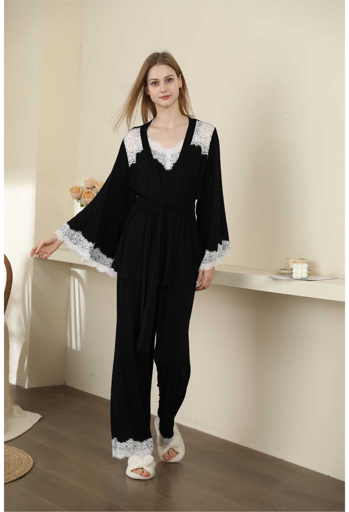 black color Sexy Modal Lace Backless Pajama Robe Set