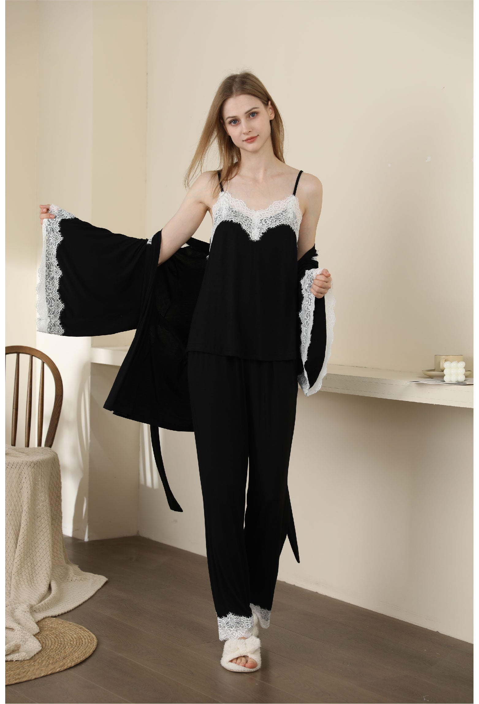 black color Sexy Modal Lace Backless Pajama Robe Set