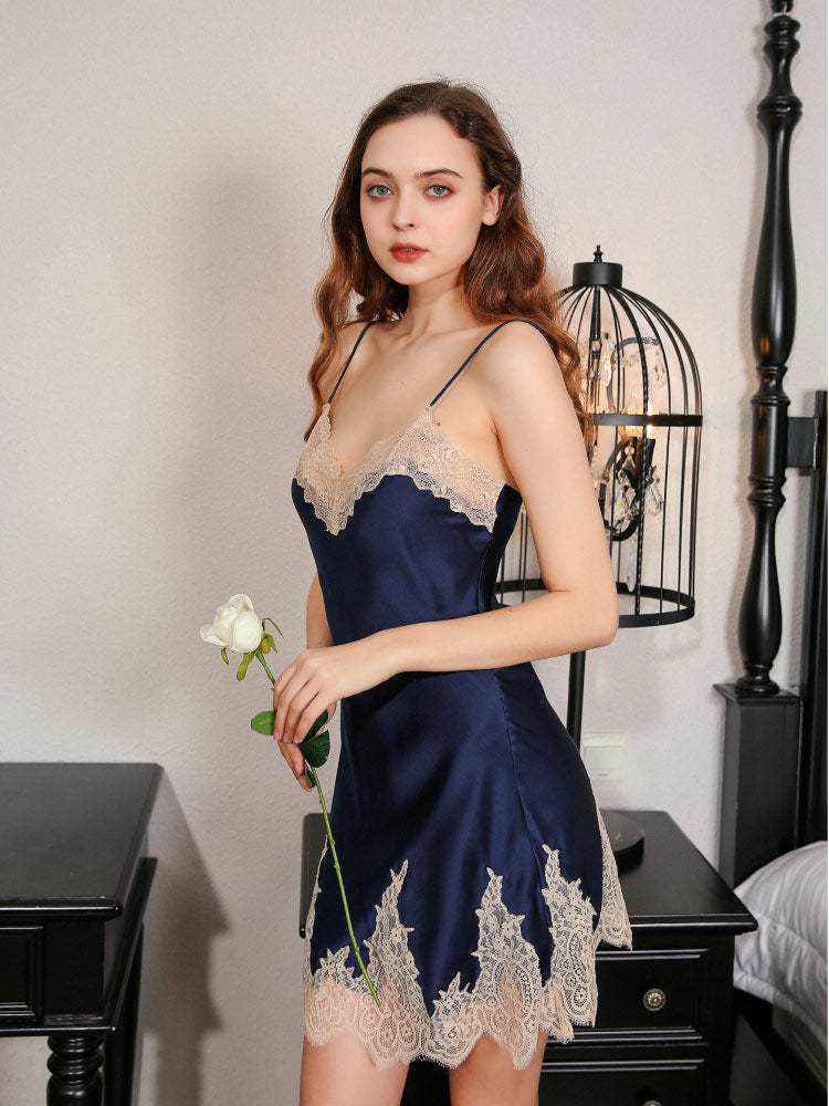 blue color 100% Mulberry Silk Hollow Out Camisole Nightgown