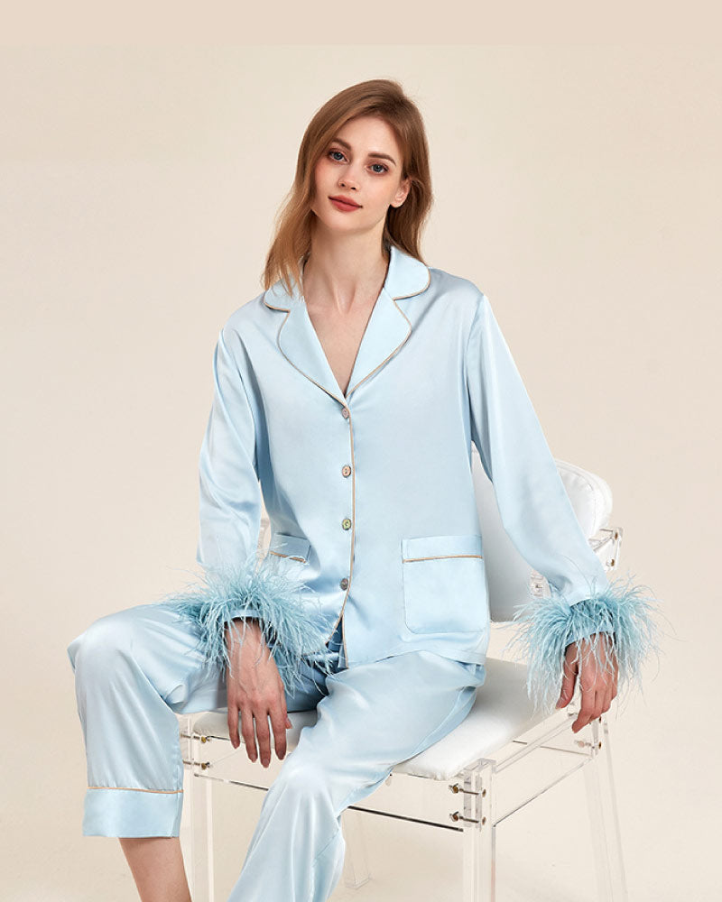 blue color Autumn Detachable Ostrich Feather Ice Silk Pajama seat