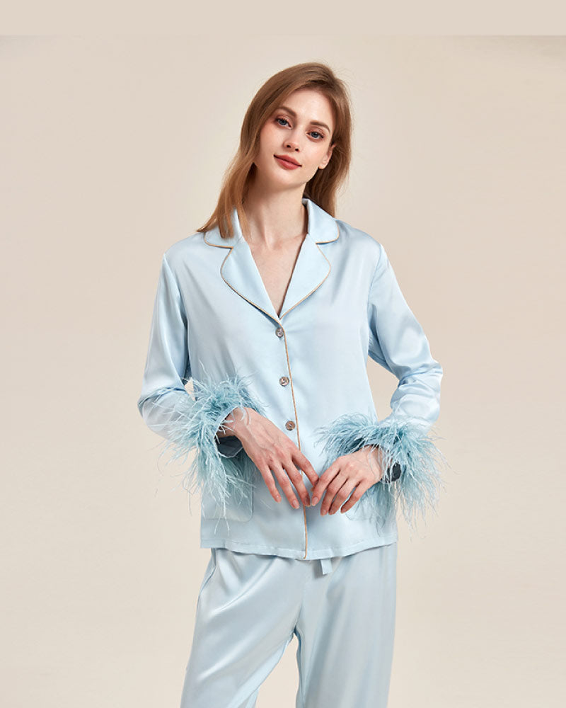 blue color Autumn Detachable Ostrich Feather Ice Silk Pajama stand
