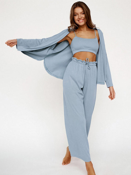women wear a blue color Knitted Cardigan Camisole Sexy Pajama Set