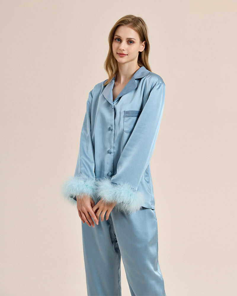 blue color Luxury Feather-Lined Home Wear Pajama stand look