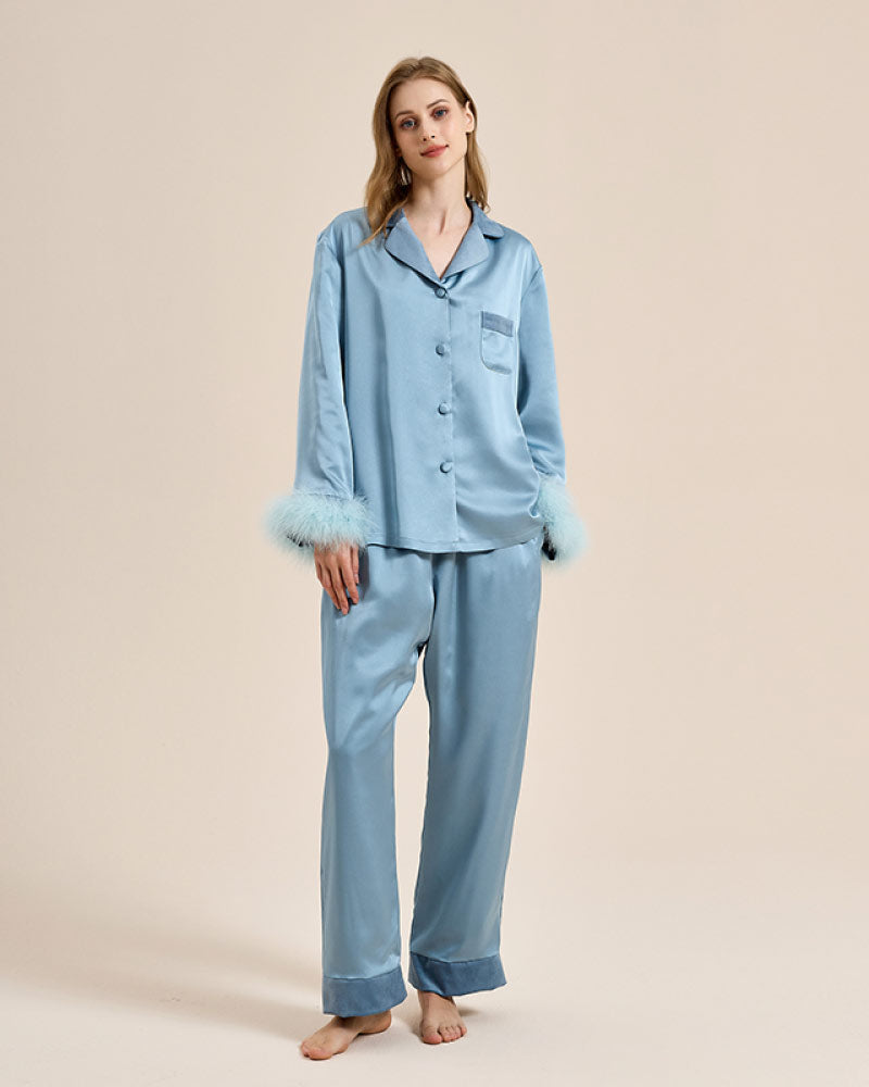 blue color Luxury Feather-Lined Home Wear Pajama