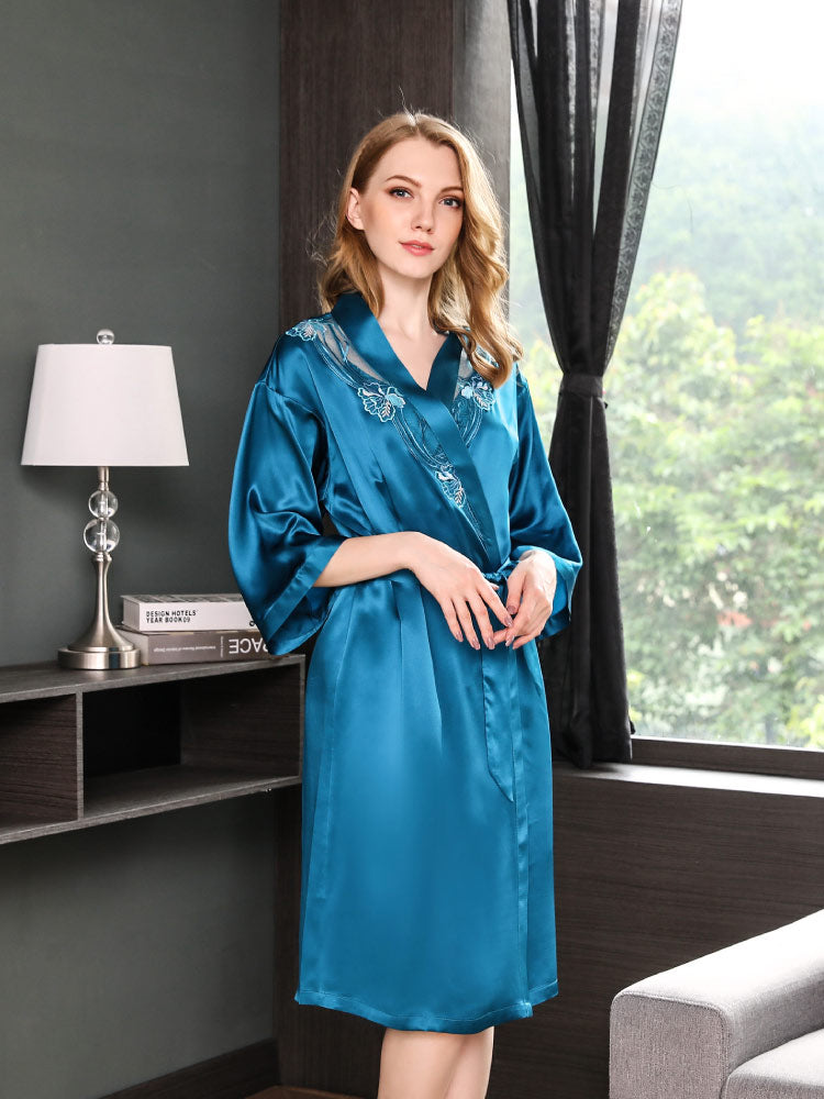 blue color Real Silk Camisole Elegant Chinese-Style Nightgown Robe Set