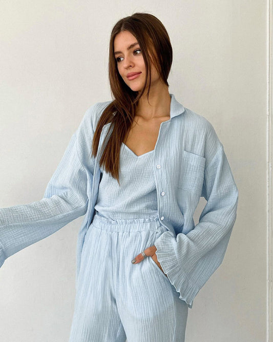 blue color Cotton Sexy Ruffle Edge sleepwear Long Pants Pajama Set