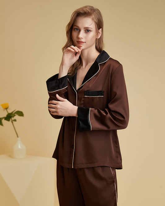 brown color Casual Lightweight Velvet Long Sleeve Pajama Set