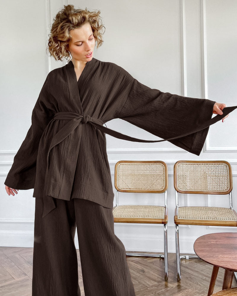 brown color luxurious sleepwear bathrobe pajama set for women