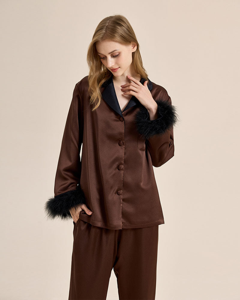brown color Luxury Feather-Lined Home Wear Pajama stand color