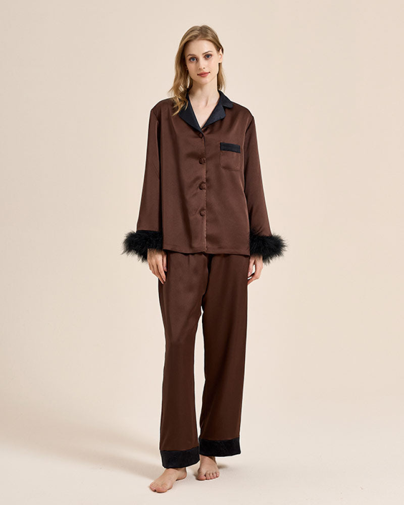 brown color Luxury Feather-Lined Home Wear Pajama