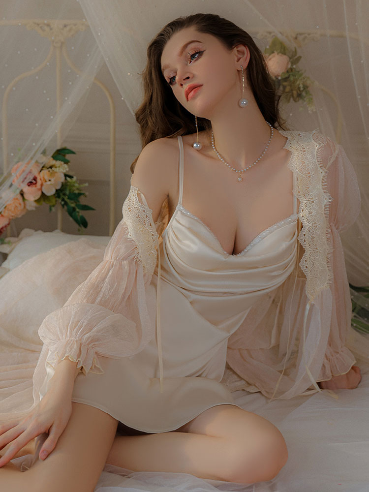 champagne color Luxurious Sensual Plunging Neckline Camisole Nightgown robe set