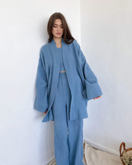 dark blue color luxurious sleepwear bathrobe pajama set for women