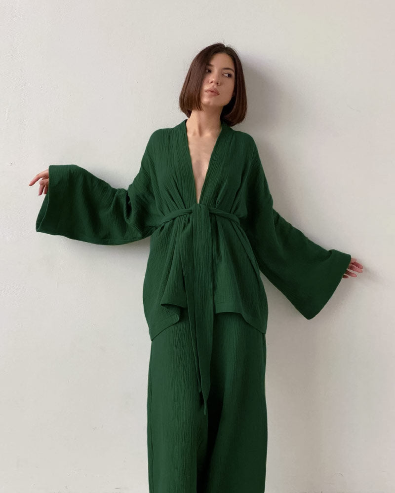 green color luxurious sleepwear bathrobe pajama set for women