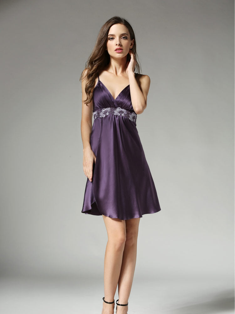 dark purple color 100% Mulberry Silk Camisole Lace Temptation Nightgown
