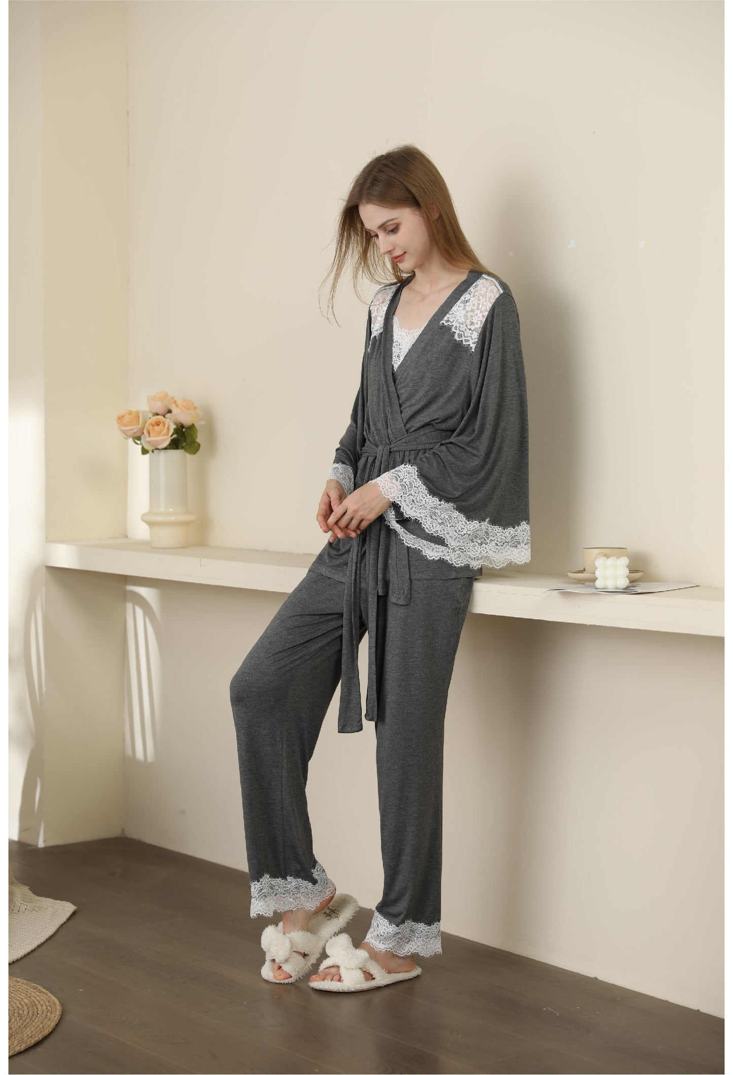 gray color Sexy Modal Lace Backless Pajama Robe Set