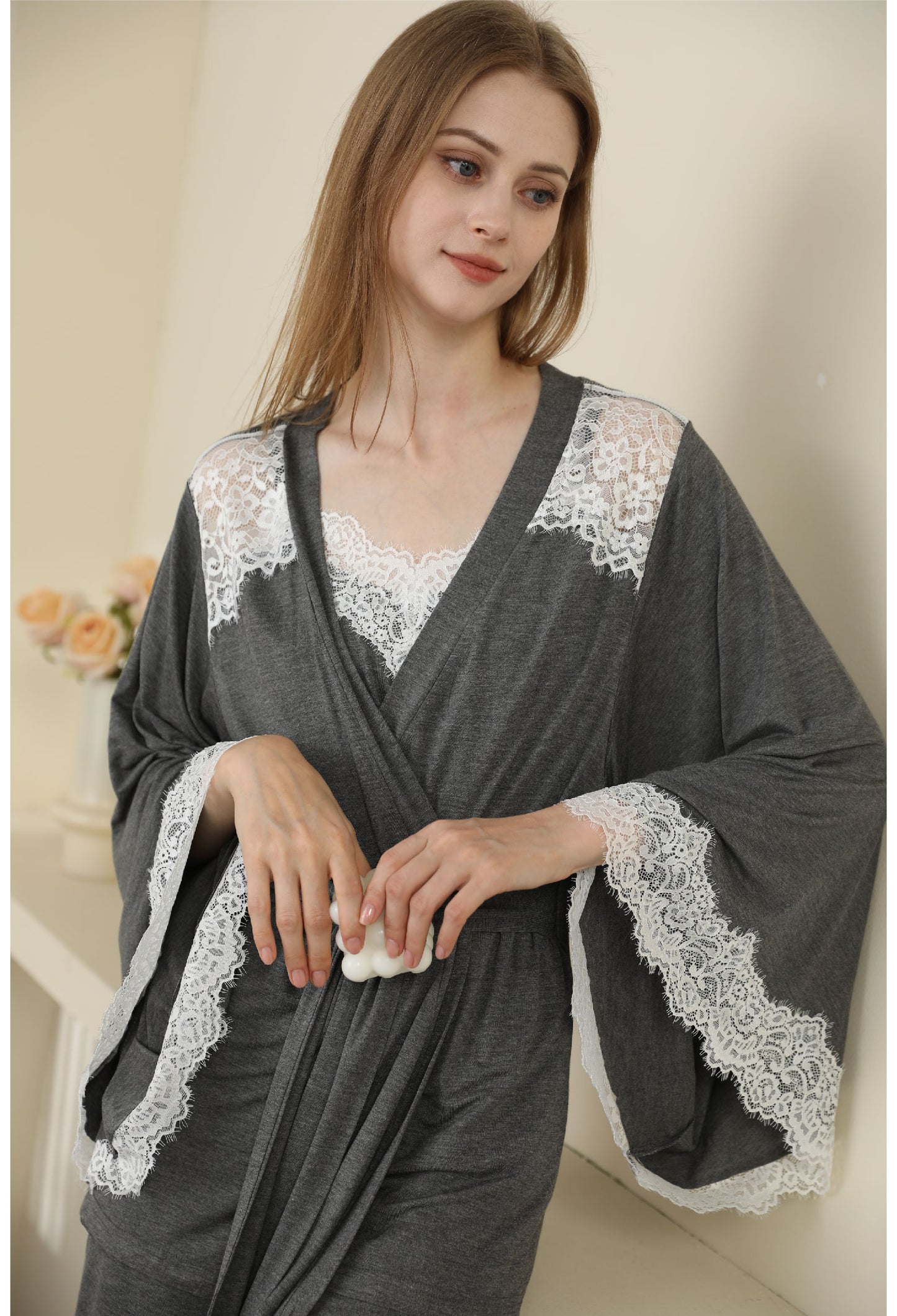 gray color Sexy Modal Lace Backless Pajama Robe Set
